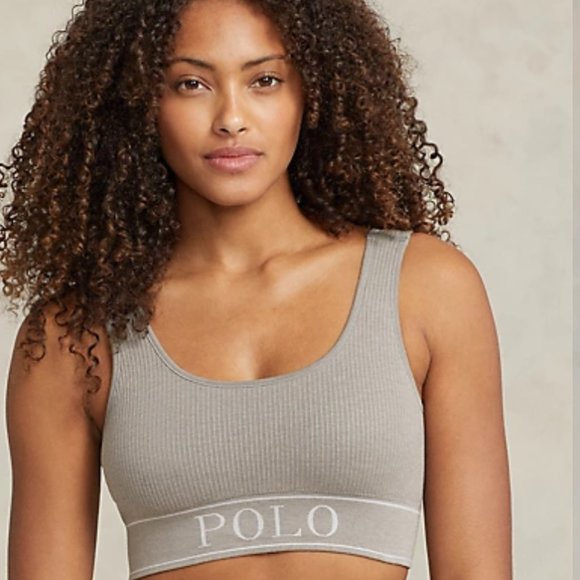 Sold Out New Polo Ralph Lauren Grey Rib-Knit Logo Crop Top $68 - Picture 2 of 3